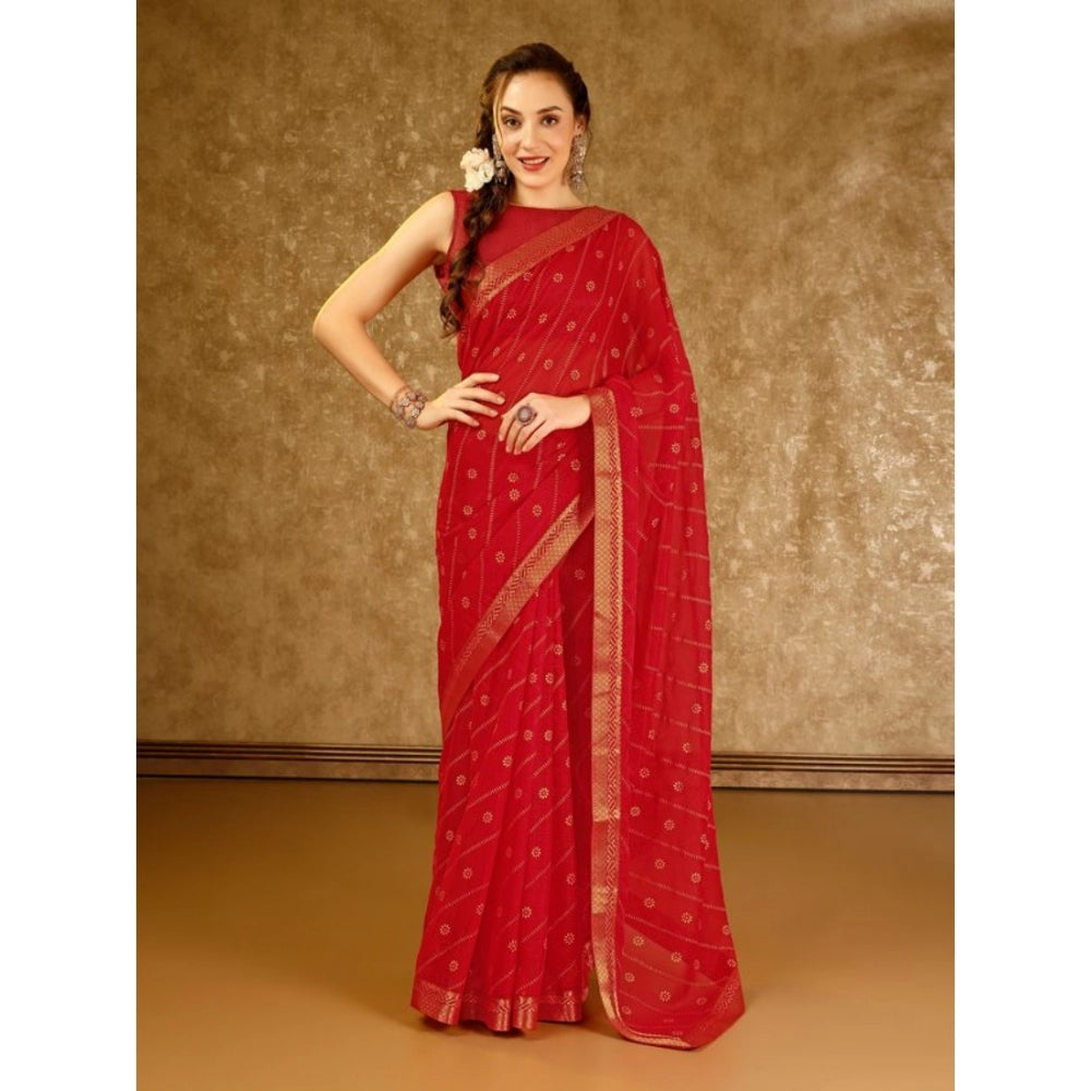 Women's Zomto Bandhini Saree With Unstitched Blouse (Red, 5-6 Mtrs)