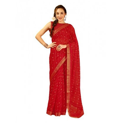 Women's Zomto Bandhini Saree With Unstitched Blouse (Red, 5-6 Mtrs)