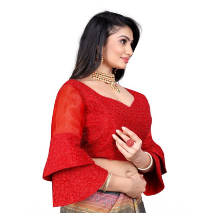 Generic Women's Organza Embroidery Readymade Blouse (Red, Size: Free Size)