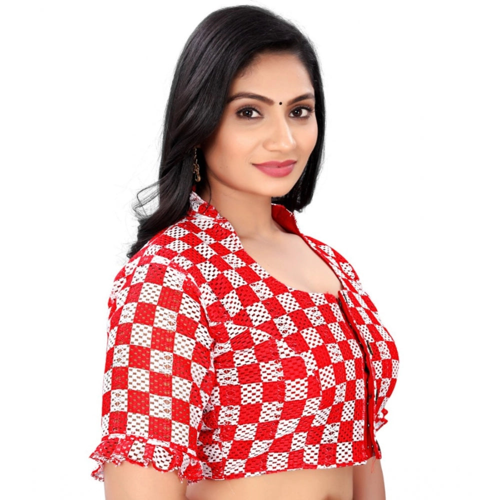 Generic Women's Cotton Blend Checks Readymade Blouse (Red, Size: Free Size)