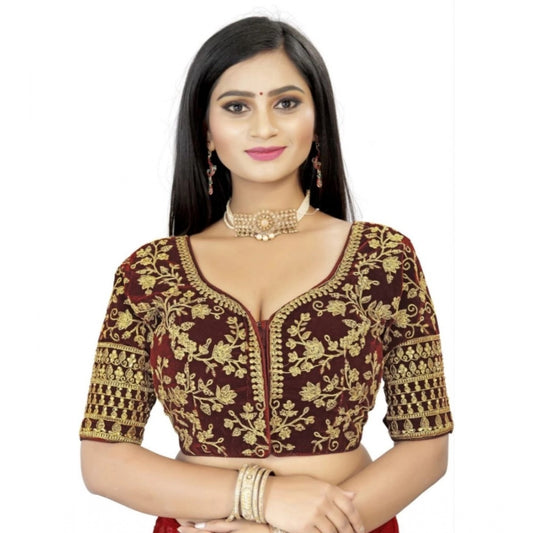 Women's Velvet Embroidery Readymade Blouse (Brown, Size: Free Size)