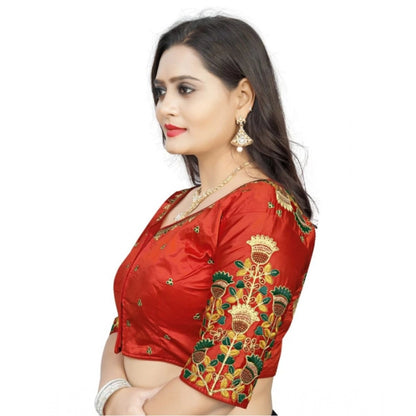 Generic Women's Malai Silk Floral Readymade Blouse (Red, Size: Free Size)