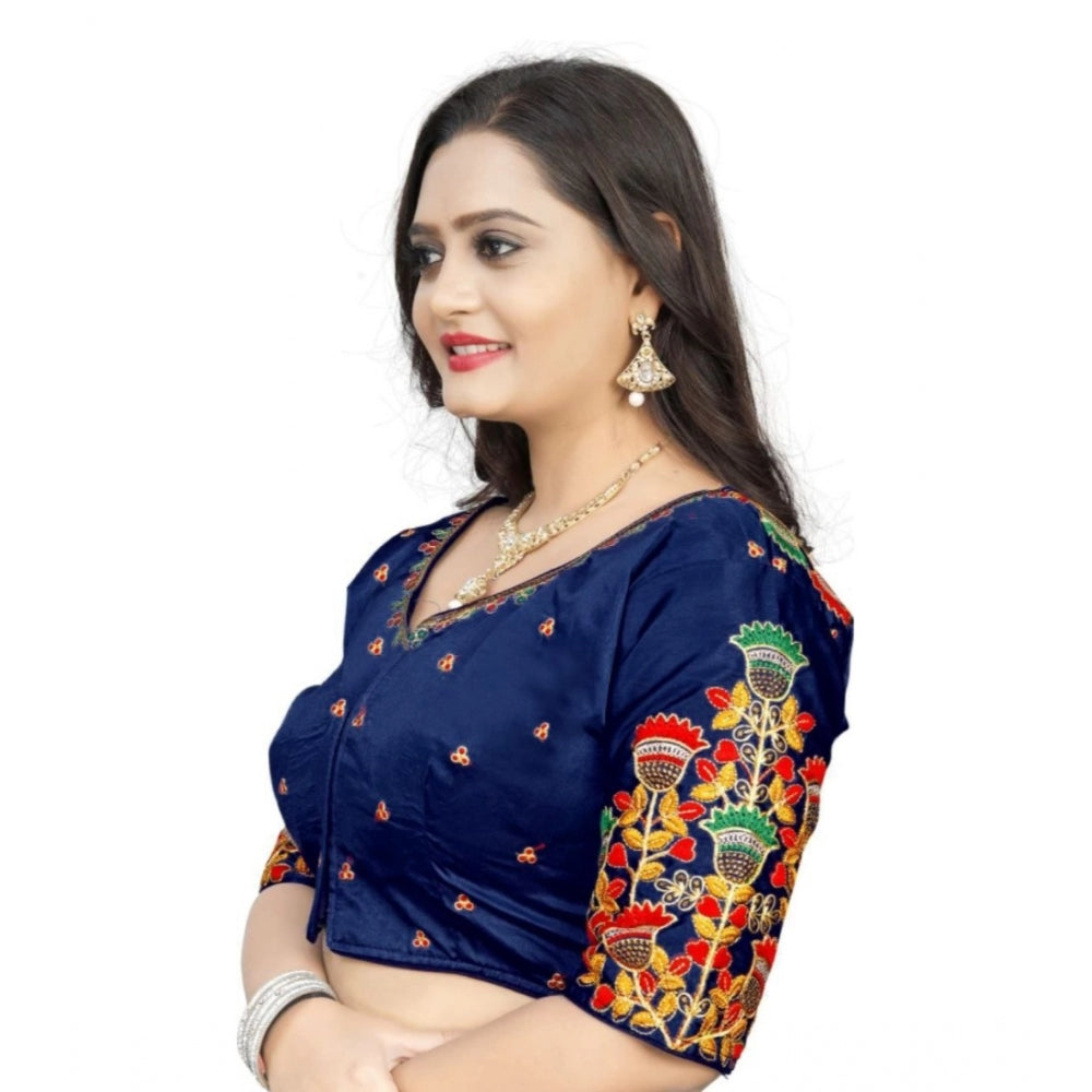 Generic Women's Malai Silk Floral Readymade Blouse (Navy Blue, Size: Free Size)