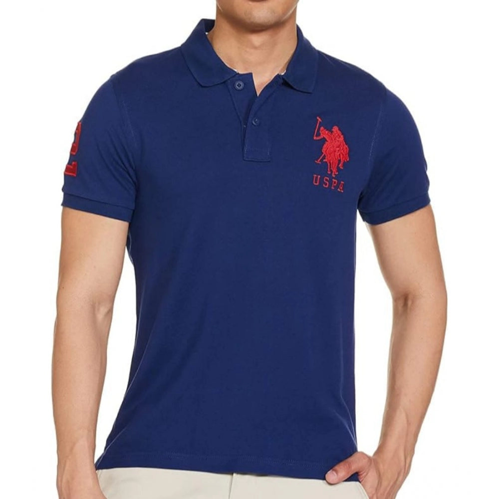 Men's Casual Half sleeve Solid Cotton Polo Neck T-shirt (Dark Blue)