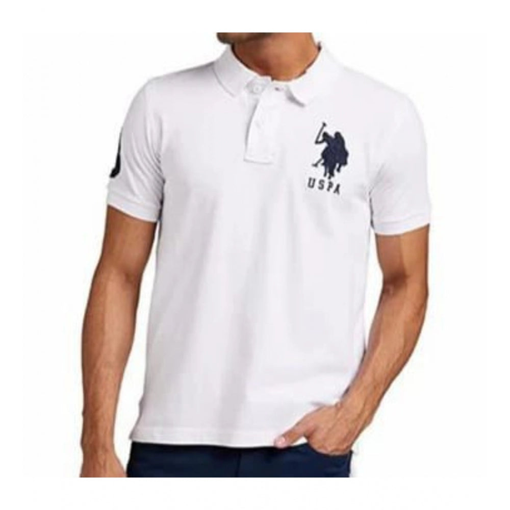 Men's Casual Half sleeve Solid Cotton Polo Neck T-shirt (White)