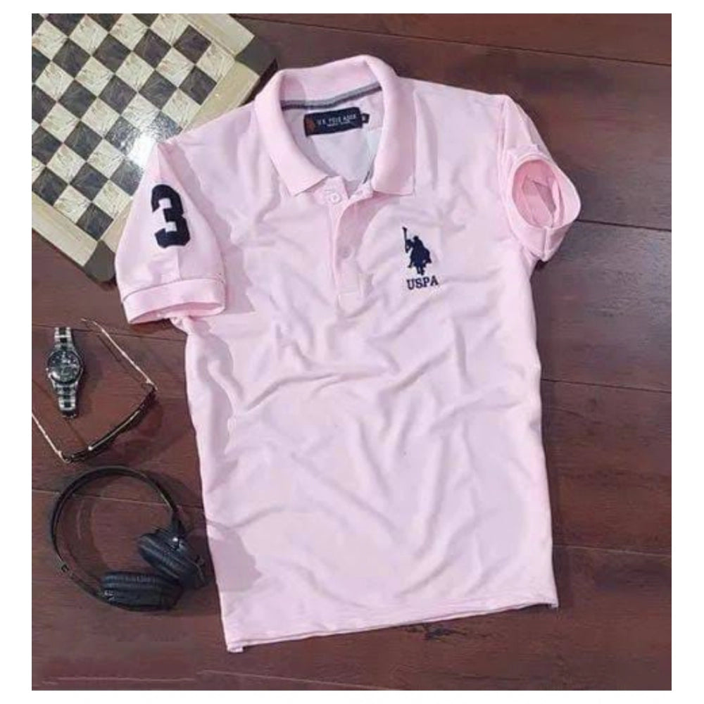 Men's Casual Half sleeve Solid Cotton Polo Neck T-shirt (Pink)