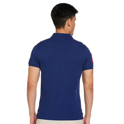 Men's Casual Half sleeve Solid Cotton Polo Neck T-shirt (Dark Blue)