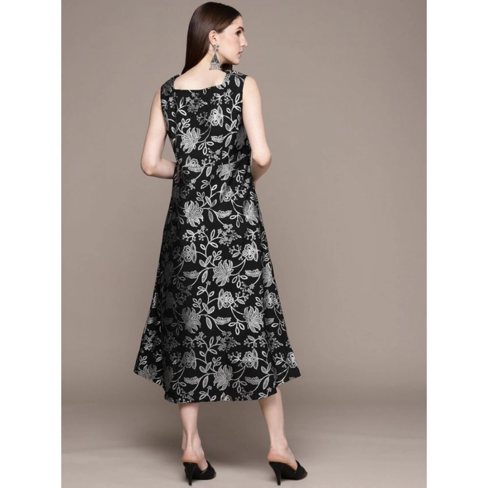 Women's Casual Sleeveless Floral Printed Crepe Ethnic Dress (Black)