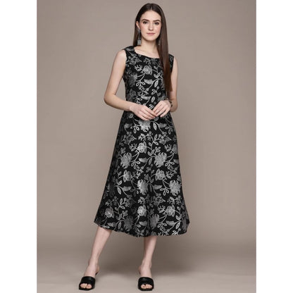 Women's Casual Sleeveless Floral Printed Crepe Ethnic Dress (Black)