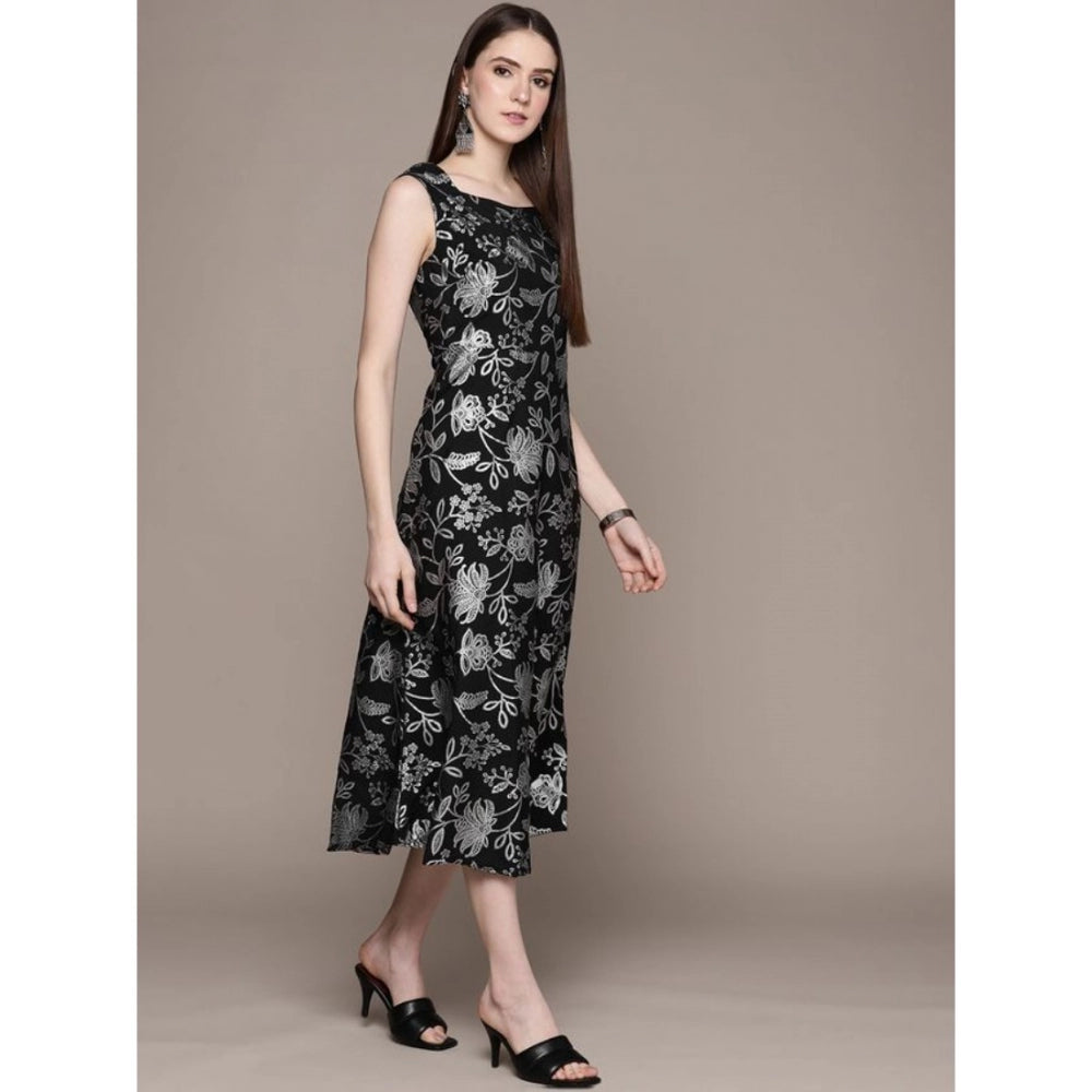 Women's Casual Sleeveless Floral Printed Crepe Ethnic Dress (Black)