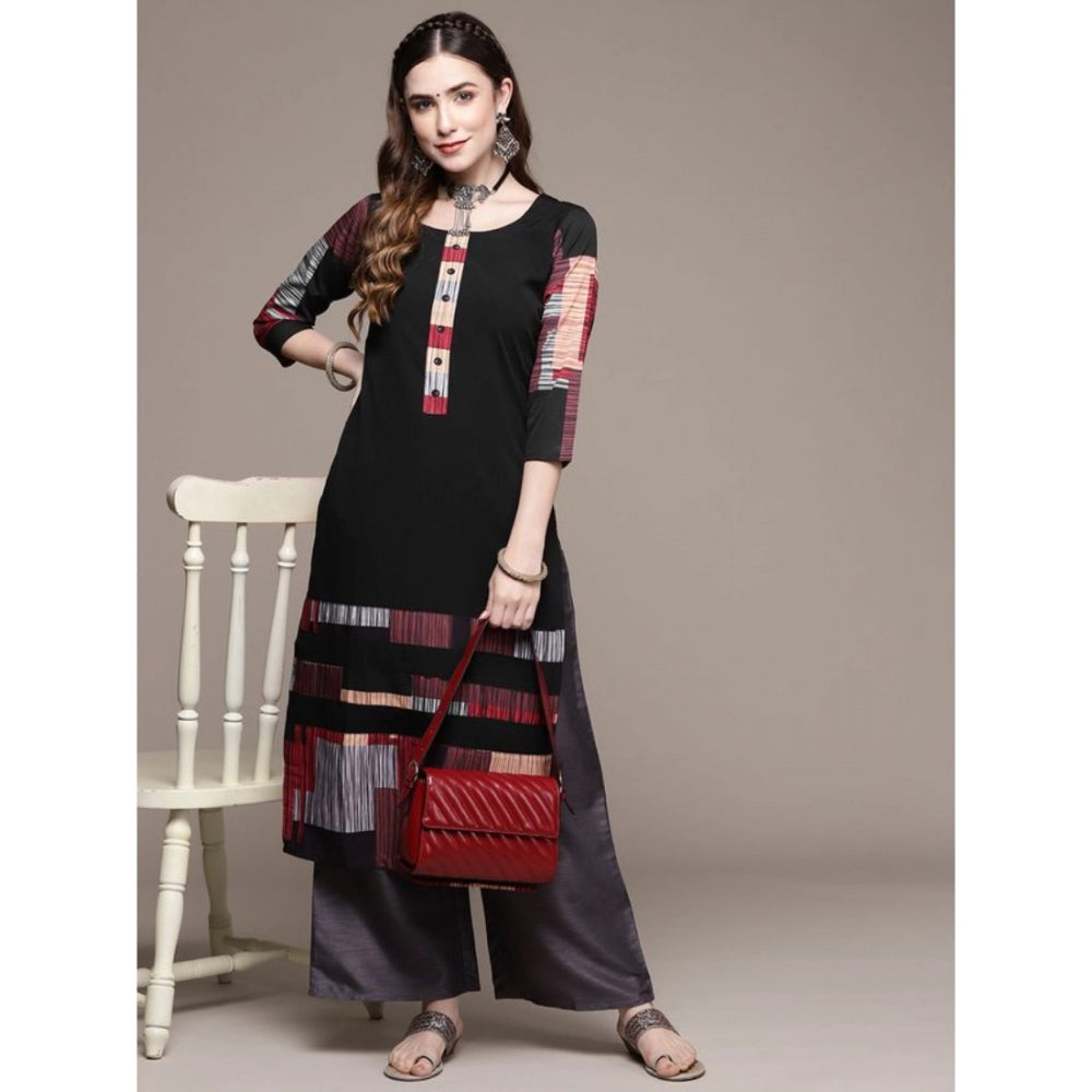 Generic Women's Casual 3-4Th Sleeve Ethnic Motifs Crepe Kurti (Black)