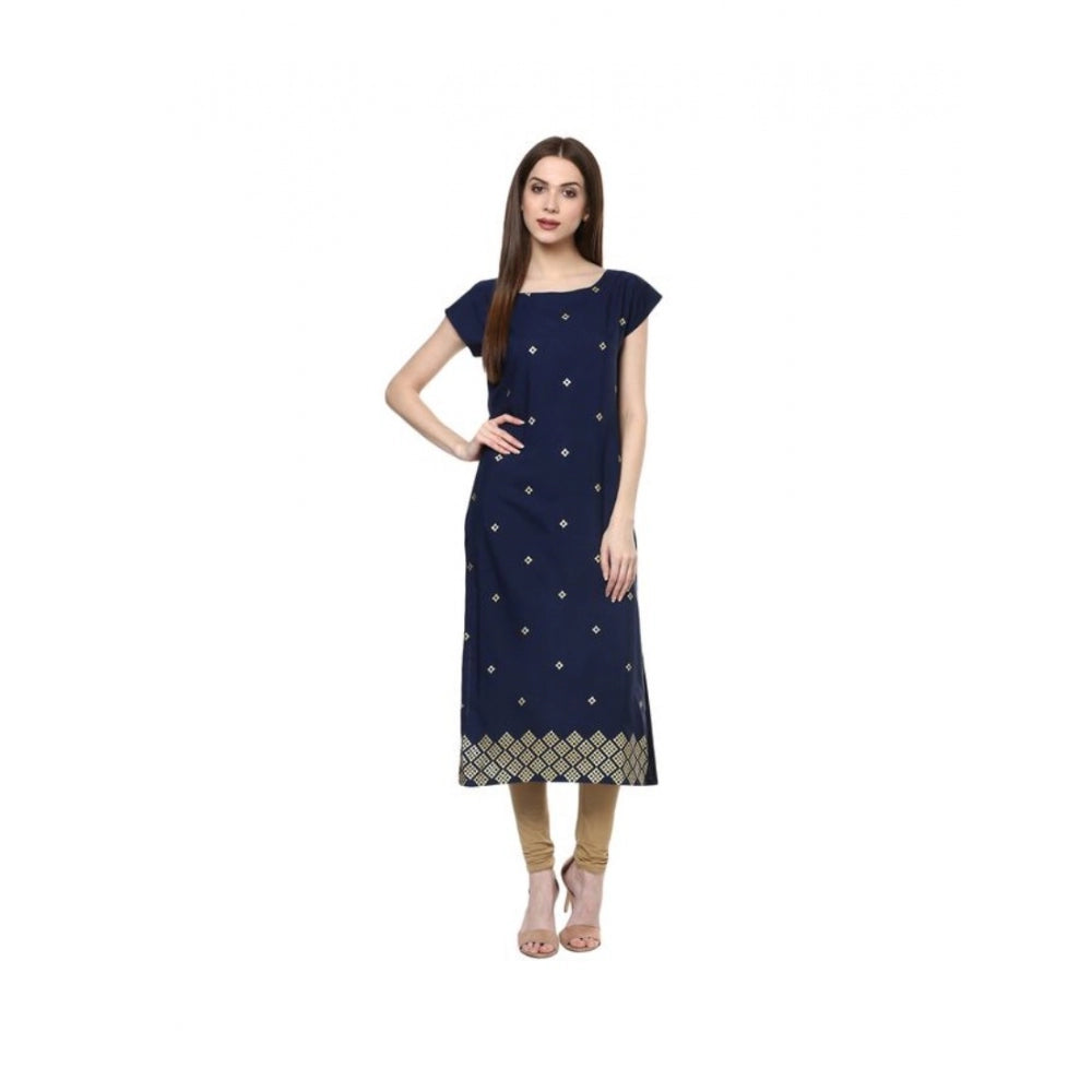 Generic Women's Casual Short Sleeves Floral Printed Crepe Kurti (Blue)