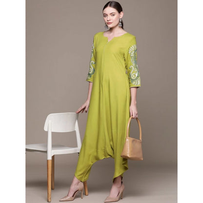 Women's Casual 3-4Th Sleeve Peacock Mehandi Rayon Jumpsuit (Mehandi Green)