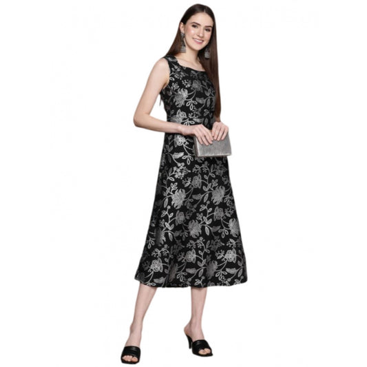 Women's Casual Sleeveless Floral Printed Crepe Ethnic Dress (Black)