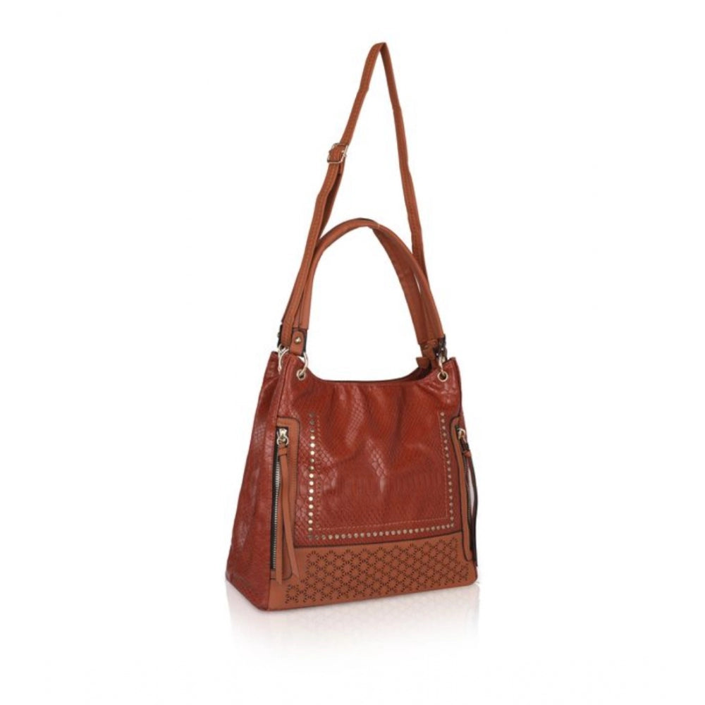 Women's Faux Leather Textured Tote Bag (Brown)