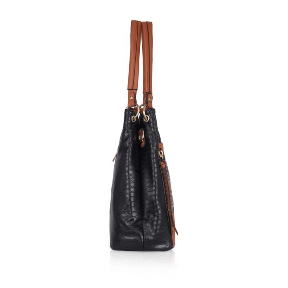 Women's Faux Leather Textured Tote Bag (Black)