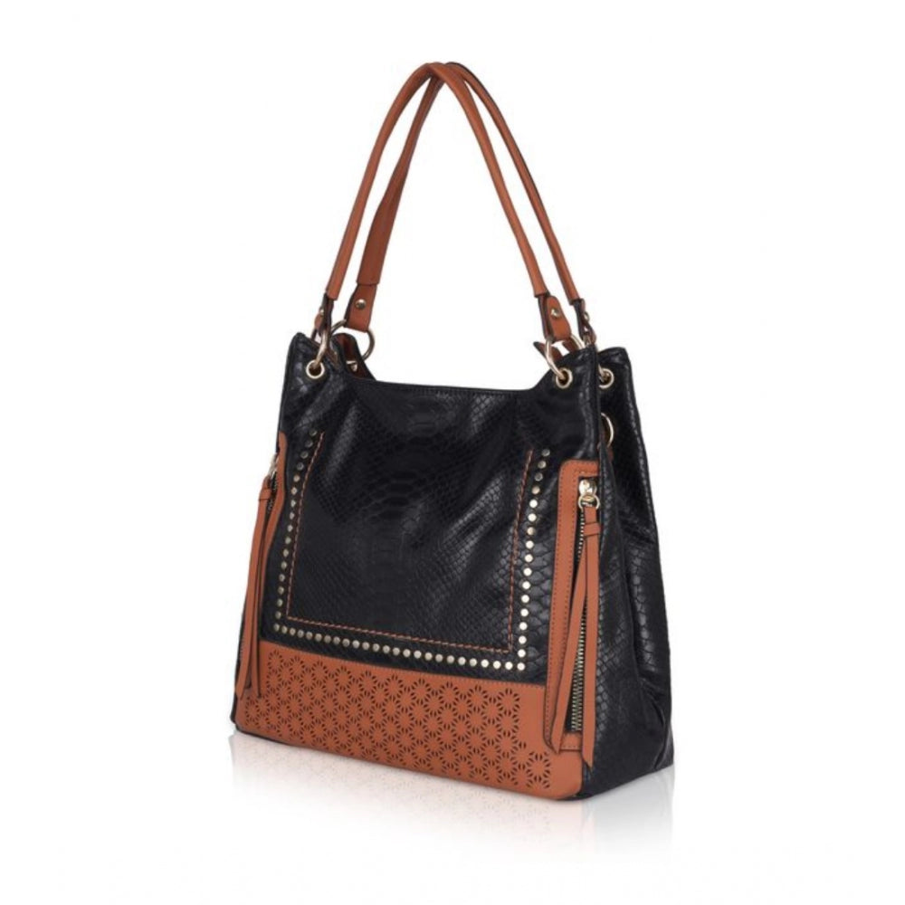 Women's Faux Leather Textured Tote Bag (Black)