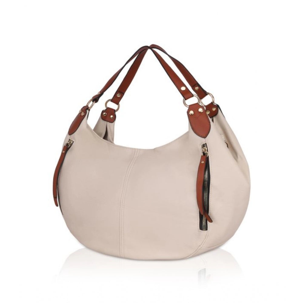 Women's Faux Leather Solid Tote Bag (Off White)