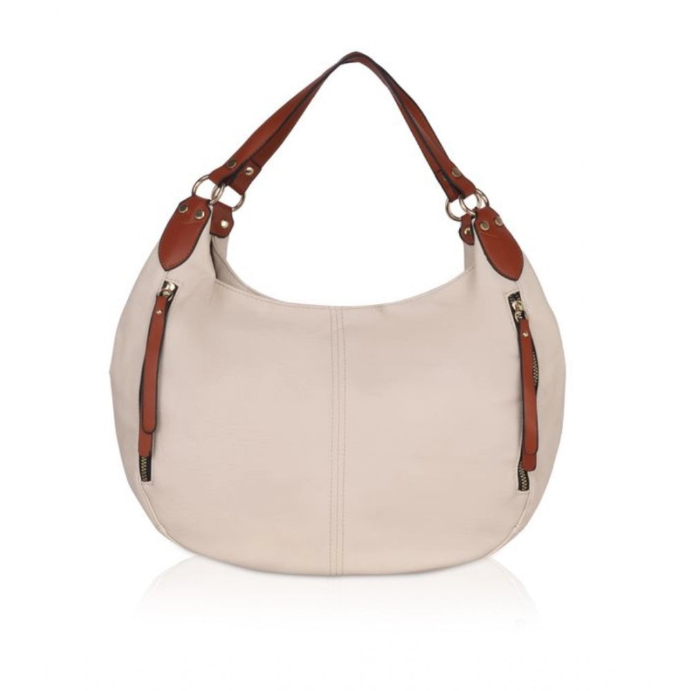 Women's Faux Leather Solid Tote Bag (Off White)