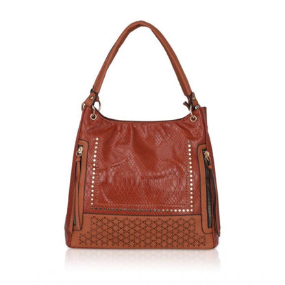 Women's Faux Leather Textured Tote Bag (Brown)