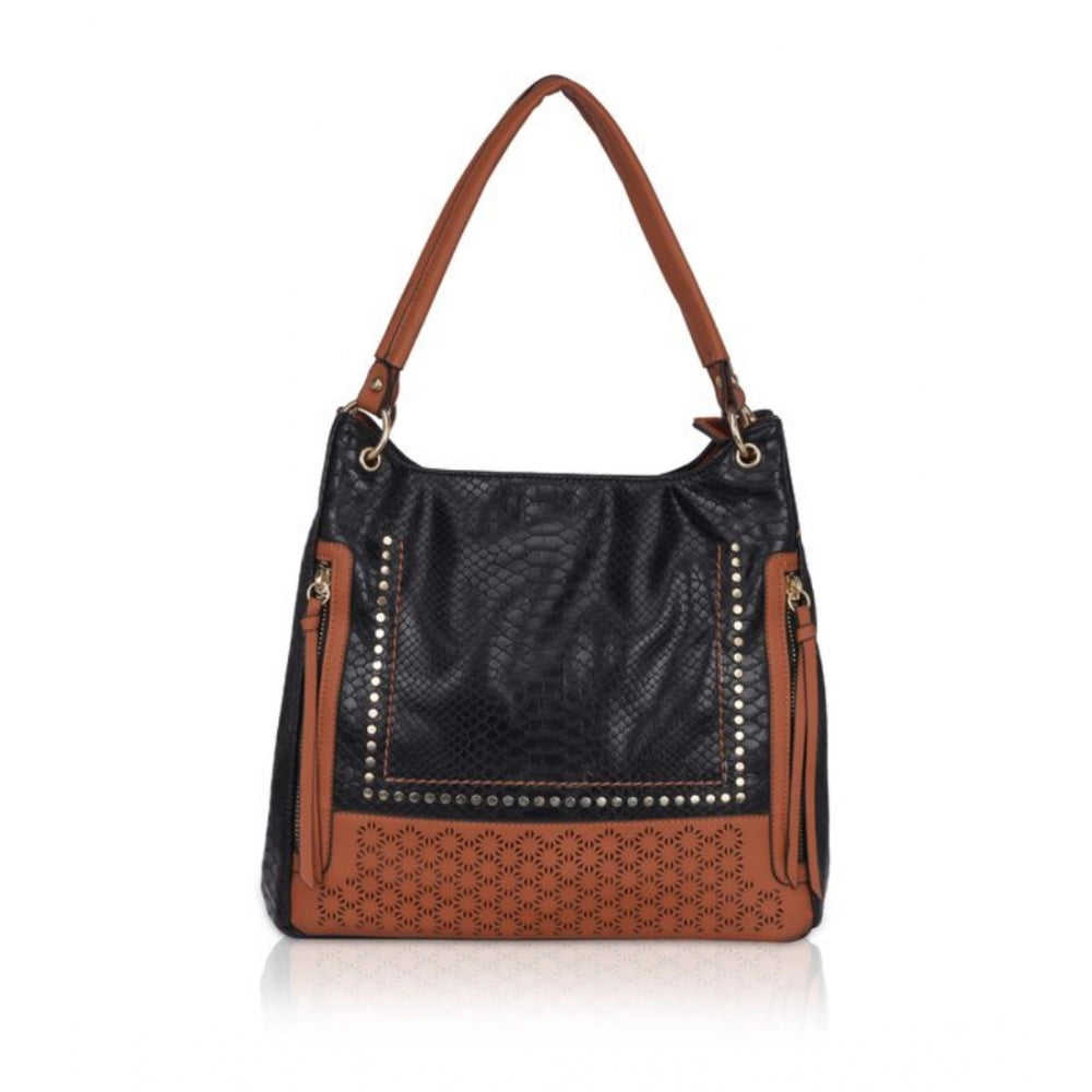 Women's Faux Leather Textured Tote Bag (Black)