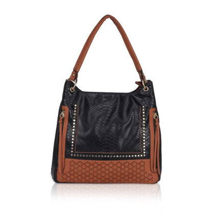 Women's Faux Leather Textured Tote Bag (Black)