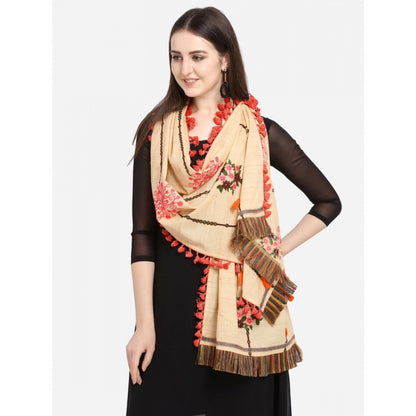 Generic Women's Cotton Embroidered Dupatta (Beige, Length: 1.5 to 2 Mtr)