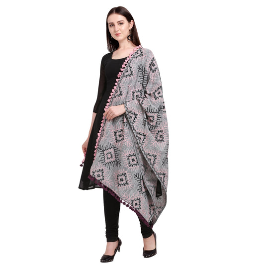 Generic Women's Cotton Embroidered Dupatta (Gray, Length: 0.5 to 1 Mtr)