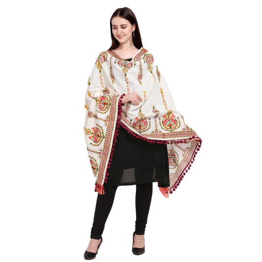 Women's Cotton Embroidered Dupatta (Off White, Length: 0.5 to 1 Mtr)