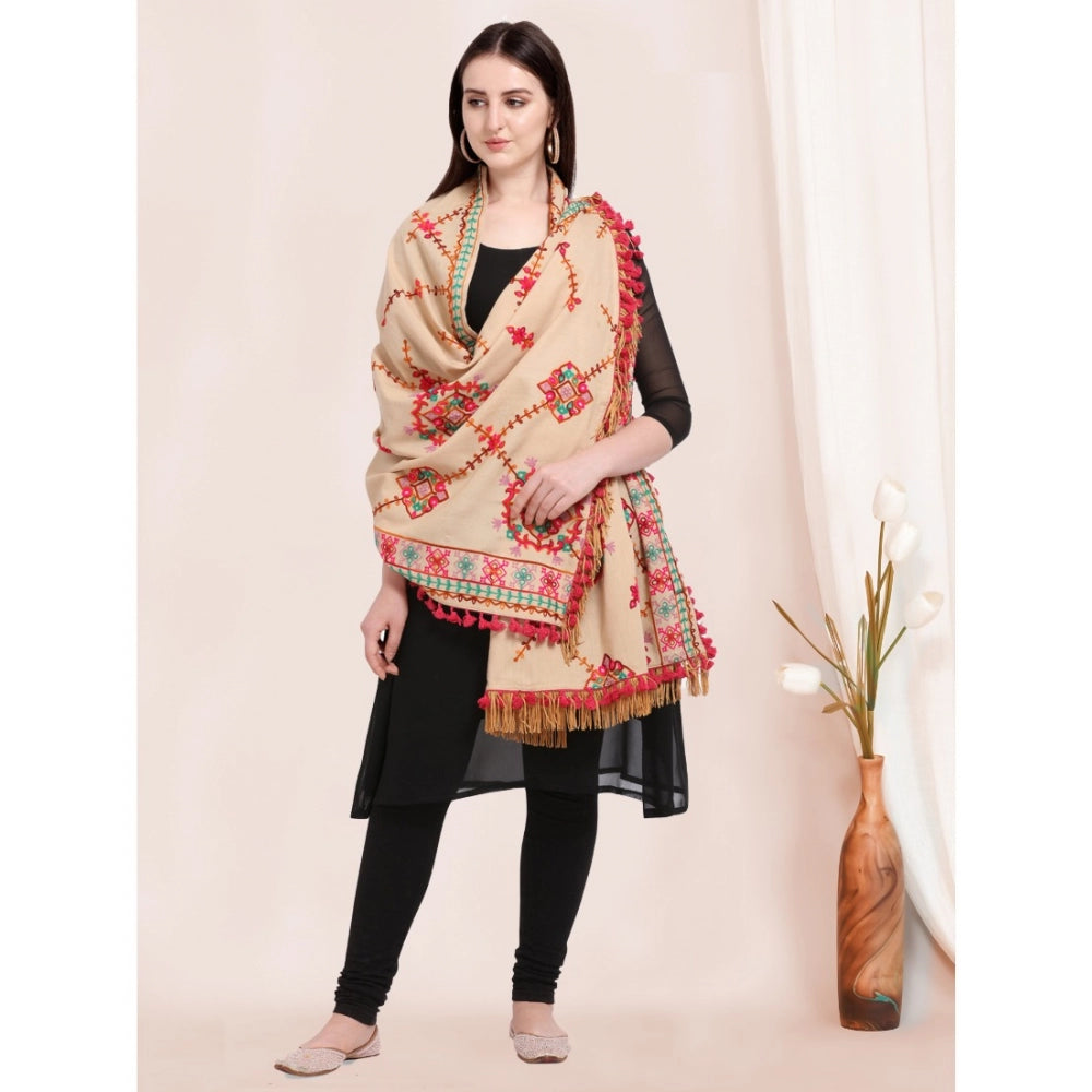 Generic Women's Cotton Embroidered Dupatta (Beige, Length: 0.5 to 1 Mtr)