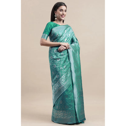 Women's Kanjivaram Silk Designer Silver Weaving Saree With Unstitched Blouse (Green, 5.50 Mtrs)