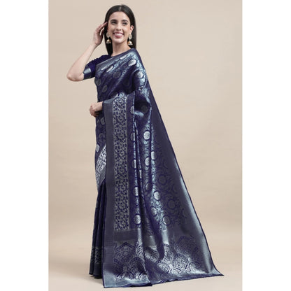 Women's Kanjivaram Silk Designer Silver Weaving Saree With Unstitched Blouse (Blue, 5.50 Mtrs)