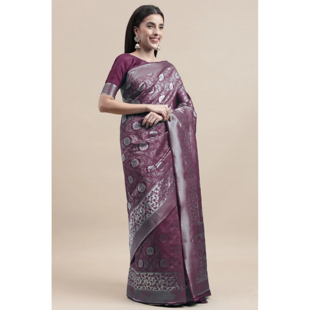 Women's Kanjivaram Silk Designer Silver Weaving Saree With Unstitched Blouse (Purple, 5.50 Mtrs)