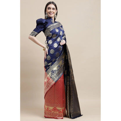 Women's Kanjivaram Silk Designer Weaving Saree With Unstitched Blouse (Blue &amp; Red, 5.50 Mtrs)