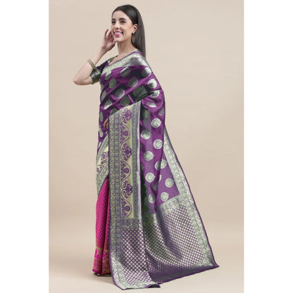 Women's Kanjivaram Silk Designer Weaving Saree With Unstitched Blouse (Voilet &amp; Purple, 5.50 Mtrs)