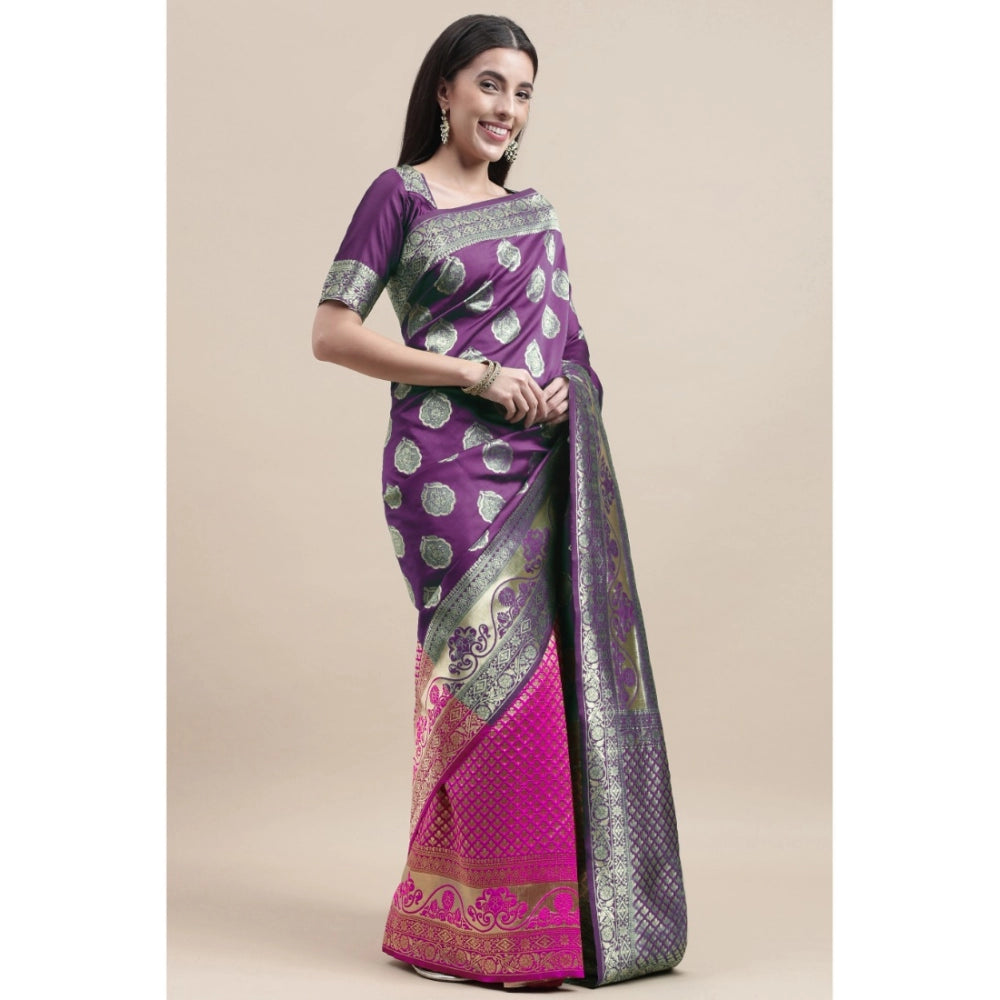 Women's Kanjivaram Silk Designer Weaving Saree With Unstitched Blouse (Voilet &amp; Purple, 5.50 Mtrs)