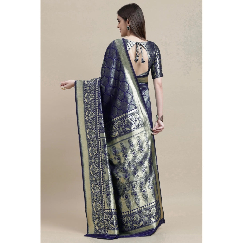 Women's Banarasi Silk Designer Weaving Saree With Unstitched Blouse (Blue, 5.50 Mtrs)