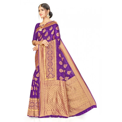 Women's Banarasi Silk Designer Weaving Saree With Unstitched Blouse (Purple, 5.50 Mtrs)