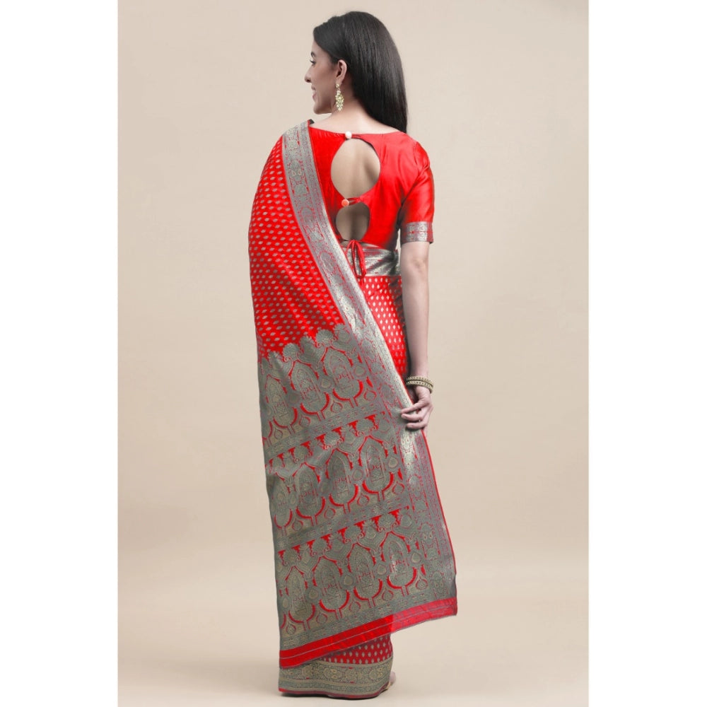 Women's Kanjivaram Silk Designer Weaving Saree With Unstitched Blouse (Red, 5.50 Mtrs)