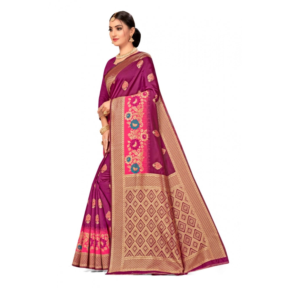 Women's Banarasi Silk Designer Weaving Saree With Unstitched Blouse (Purple, 5.50 Mtrs)