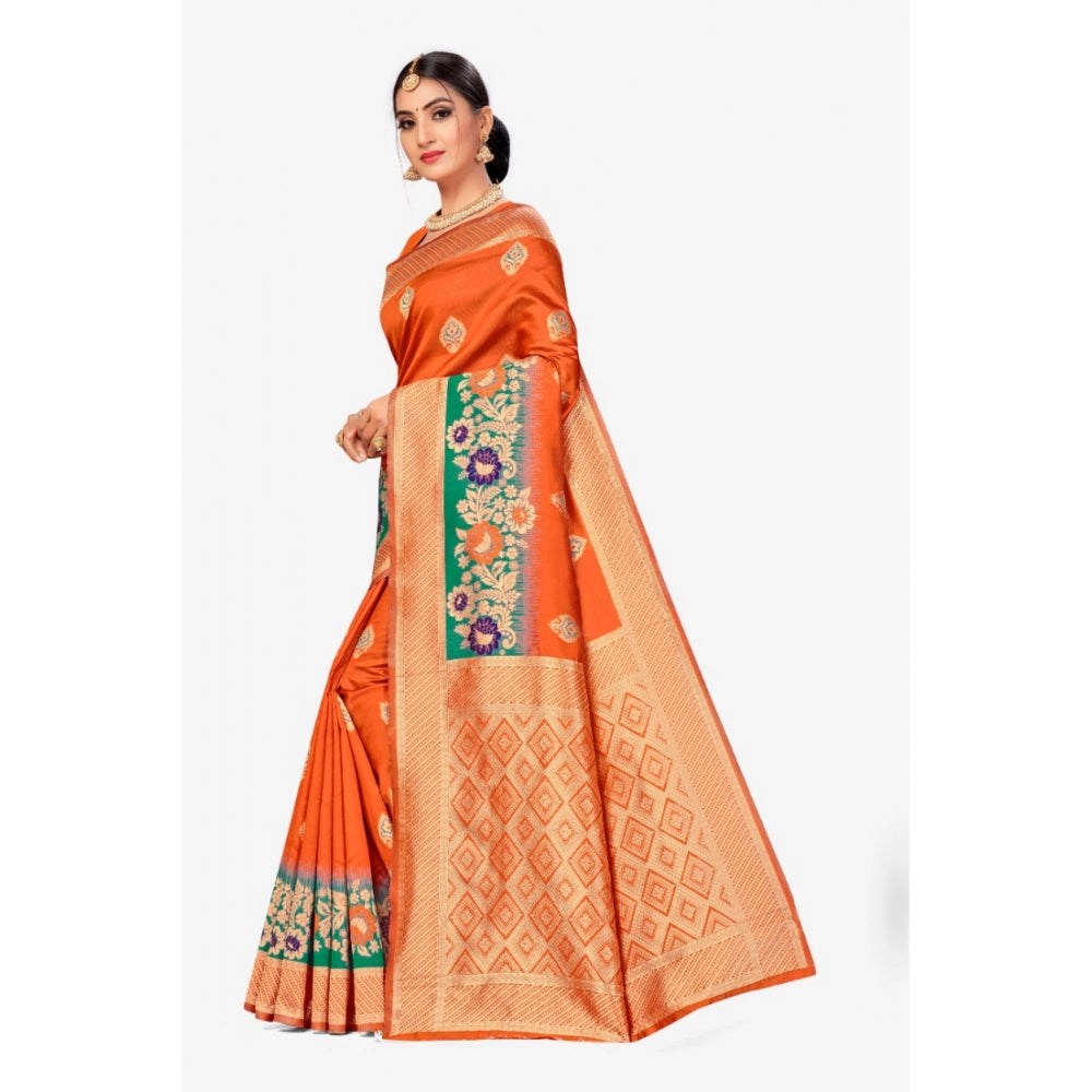 Women's Banarasi Silk Designer Weaving Saree With Unstitched Blouse (Orange, 5.50 Mtrs)