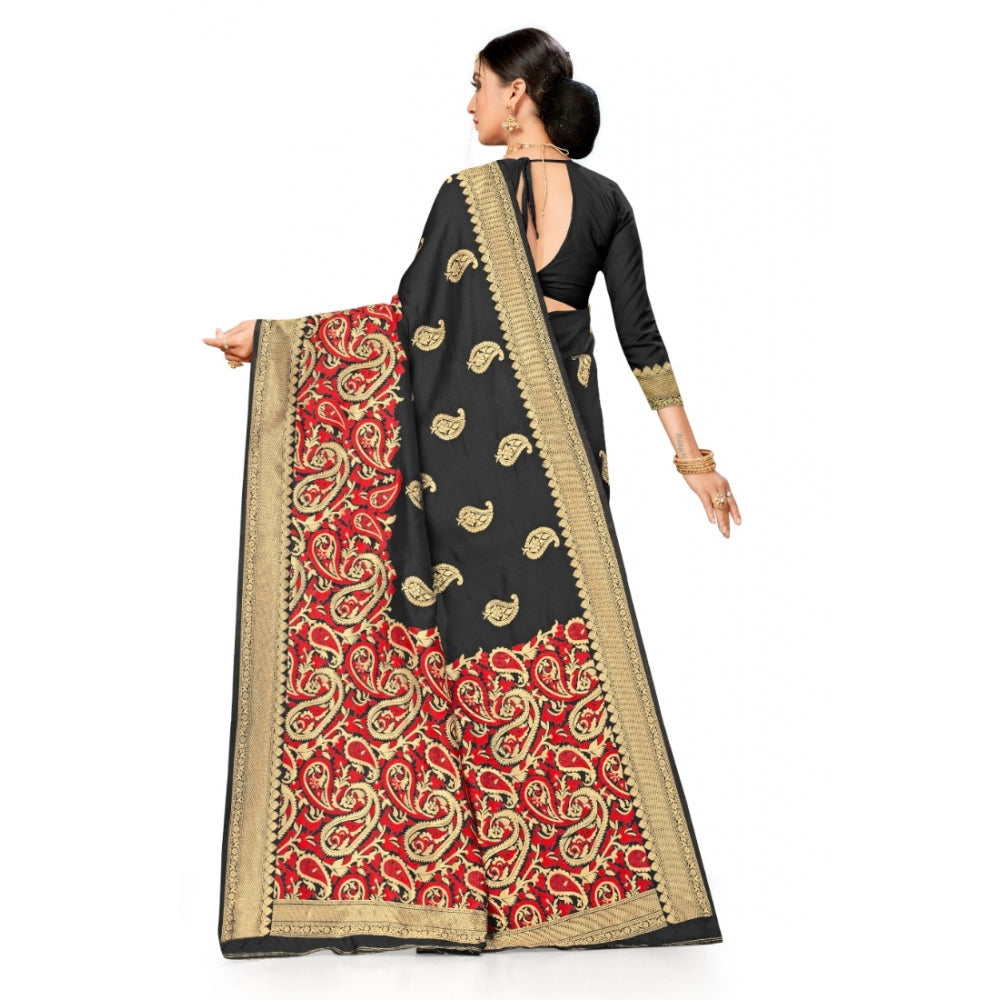 Women's Banarasi Silk Designer Weaving Saree With Unstitched Blouse (Black, 5.50 Mtrs)