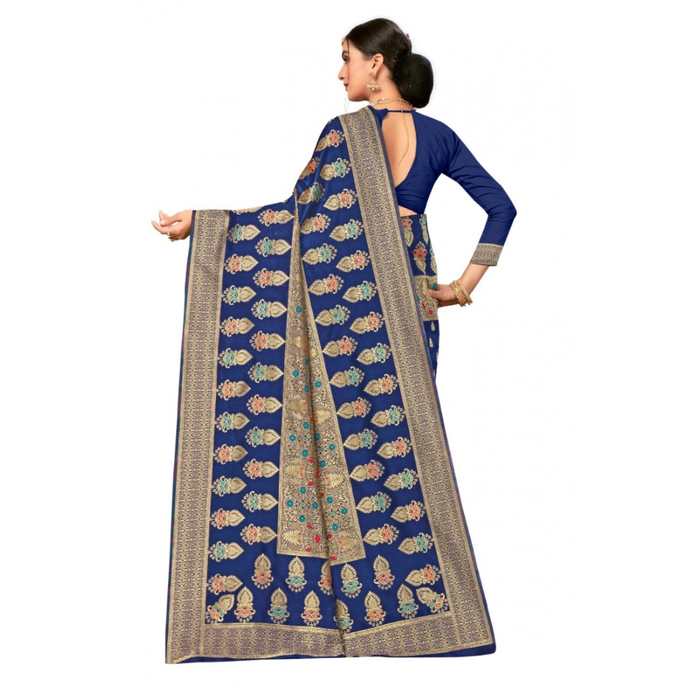 Women's Banarasi Silk Designer Weaving Saree With Unstitched Blouse (Blue, 5.50 Mtrs)