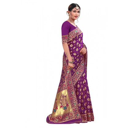 Women's Banarasi Silk Designer Weaving Saree With Unstitched Blouse (Purple, 5.50 Mtrs)