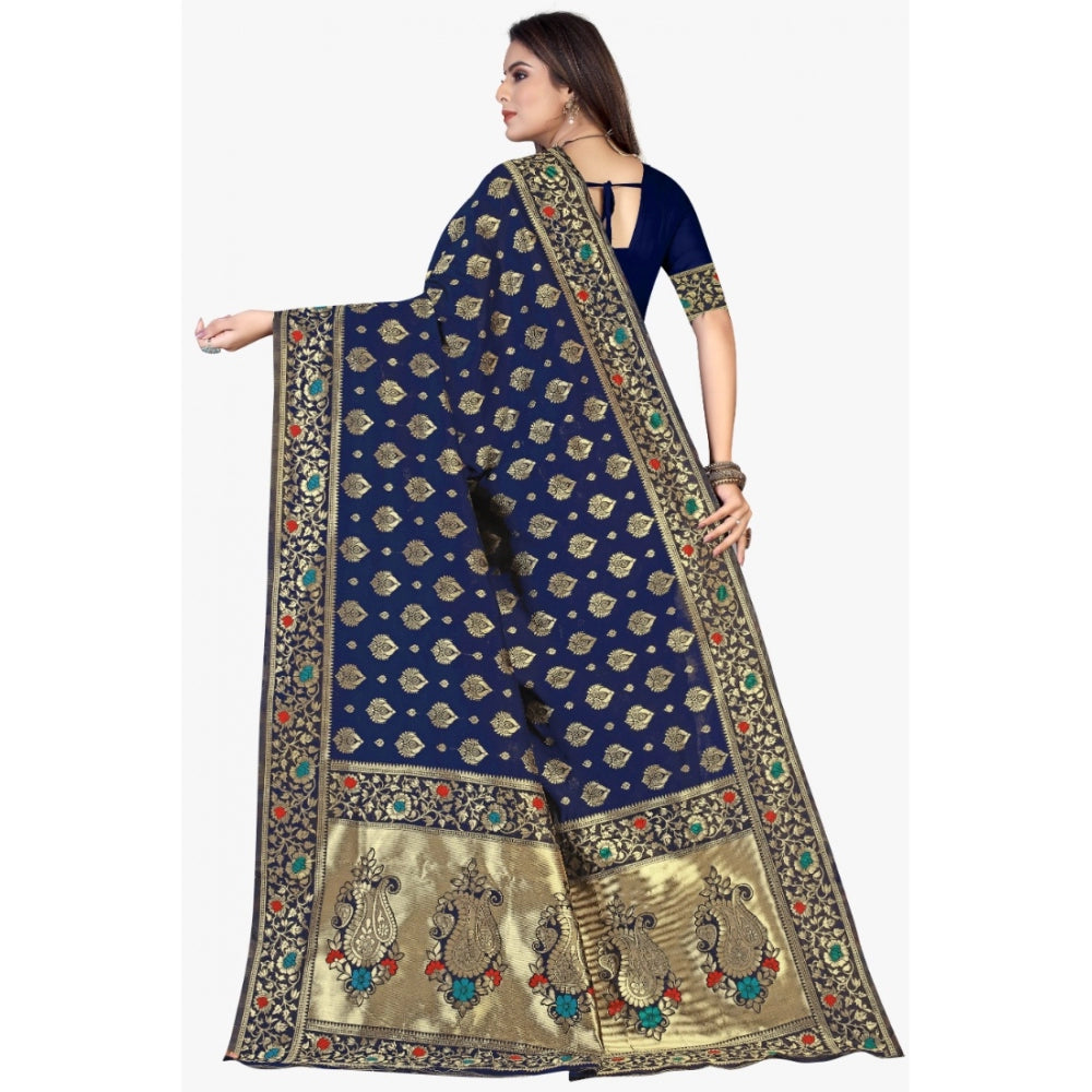 Women's Banarasi Silk Designer Weaving Saree With Unstitched Blouse (Blue, 5.50 Mtrs)