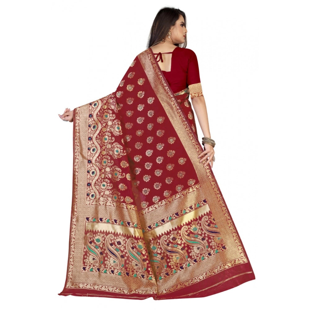 Women's Banarasi Silk Designer Weaving Saree With Unstitched Blouse (Maroon, 5.50 Mtrs)