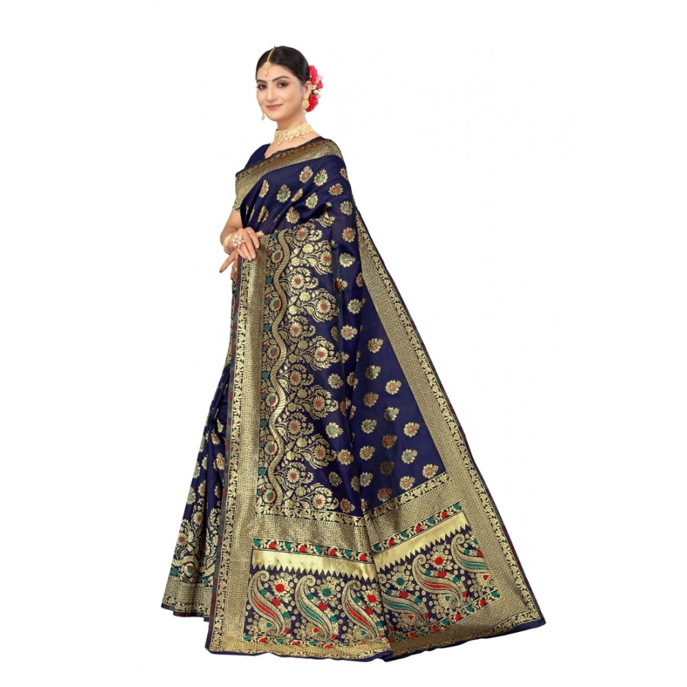 Women's Banarasi Silk Designer Weaving Saree With Unstitched Blouse (Blue, 5.50 Mtrs)