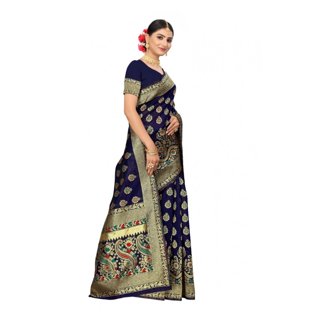 Women's Banarasi Silk Designer Weaving Saree With Unstitched Blouse (Blue, 5.50 Mtrs)