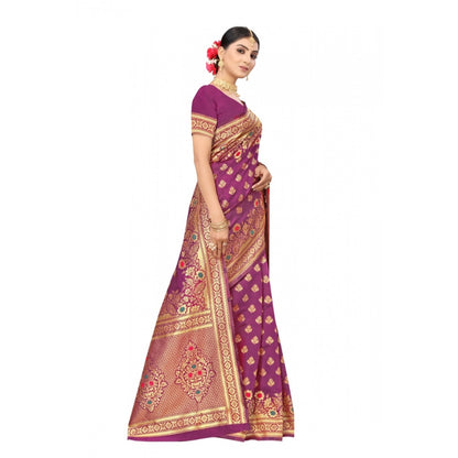 Women's Banarasi Silk Designer Weaving Saree With Unstitched Blouse (Purple, 5.50 Mtrs)