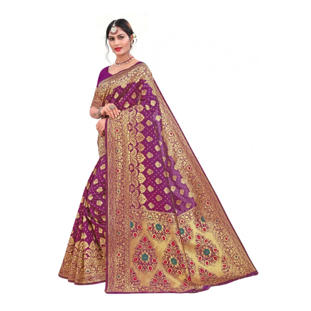 Women's Banarasi Silk Designer Weaving Saree With Unstitched Blouse (Purple, 5.50 Mtrs)